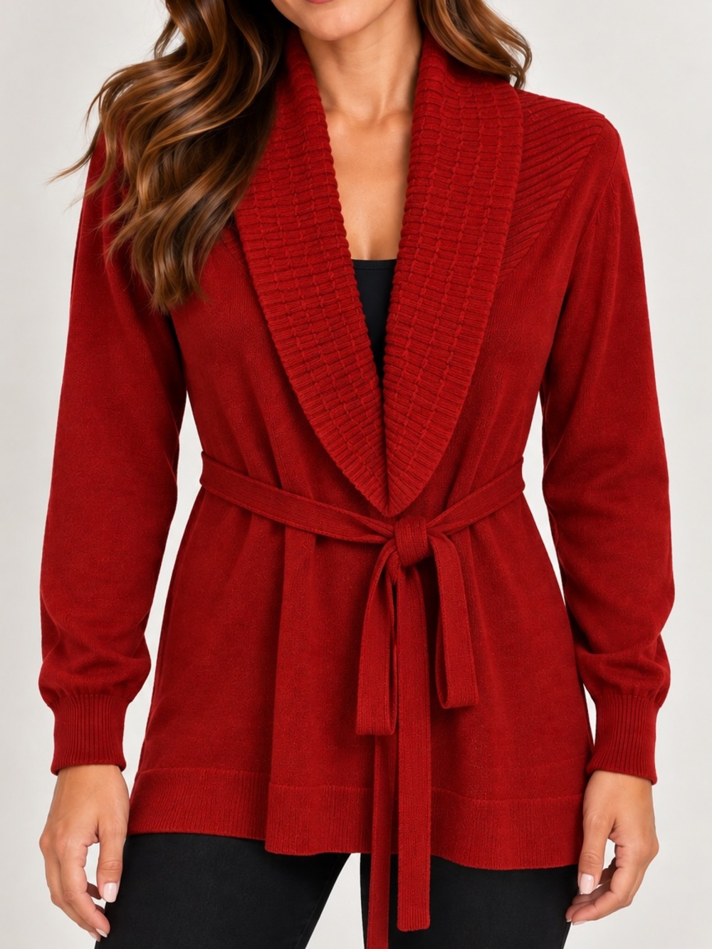 Nine West Red Shawl-Collar Tie-Waist Cardigan